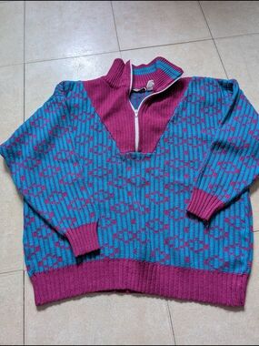 Vintage Magenta and Teal Knit Half-Zip Sweater